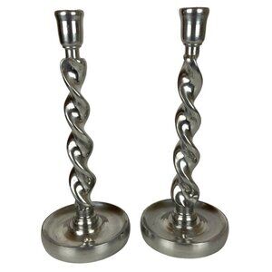 Arthur Court Barley Twist Candlesticks Holders Pair Shiny Pewter Aluminum 1987